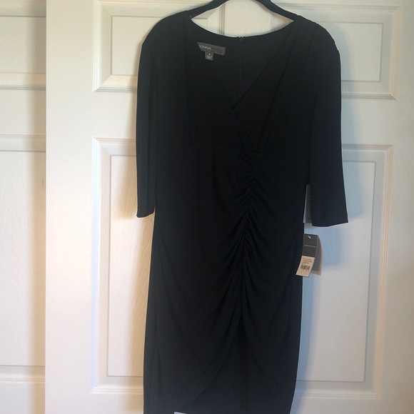 NWT Donna Ricco High Waist V-neck 3/4 Sleeve Black Ruched Dress Women’s Size 10 - Picture 1 of 10